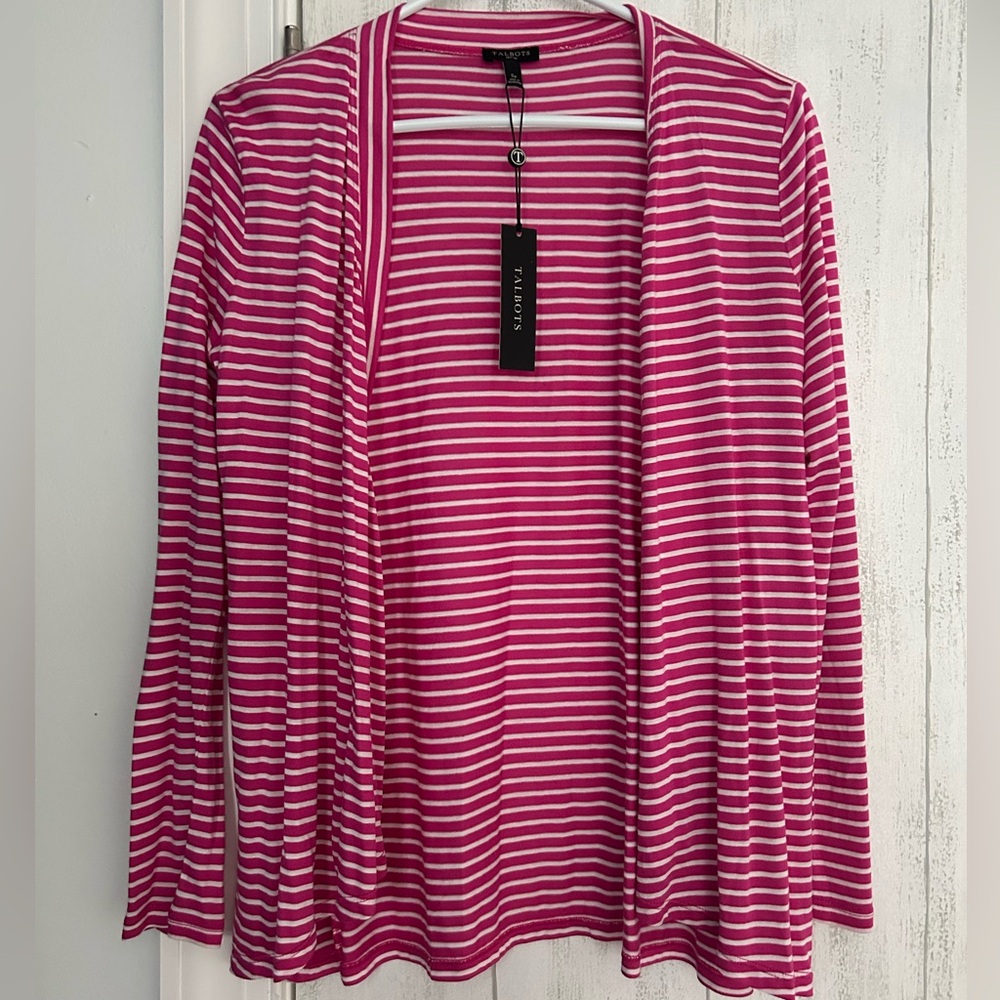 NWT Talbots Open Front Pink and White Striped Lightweight Cardigan
